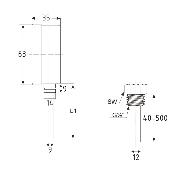 Bimetallthermometer radial BMT-RA- Zeichnung von TiTEC Messtechnik