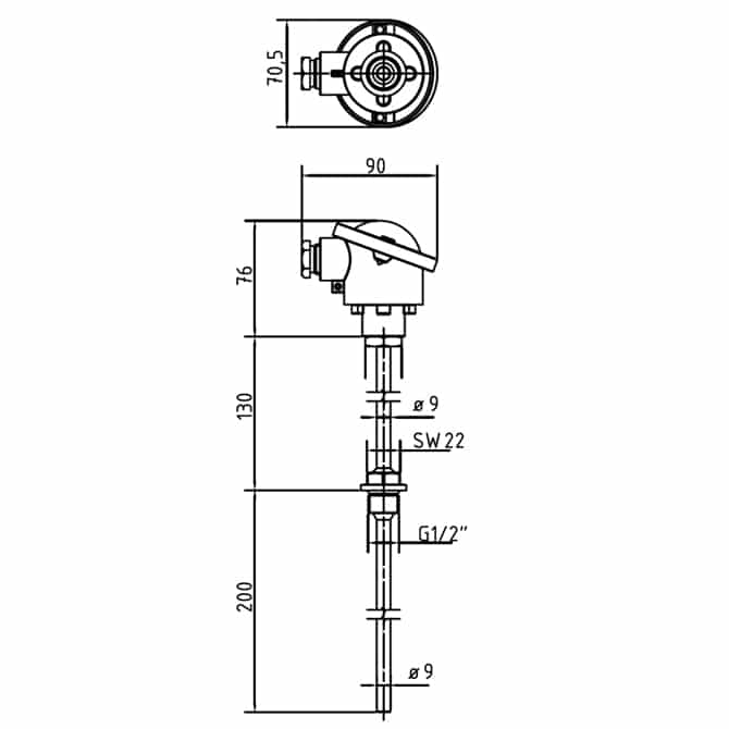 Einschraubfühler mit Halsrohr HTFB3-Zeichnung von TiTEC Messtechnik