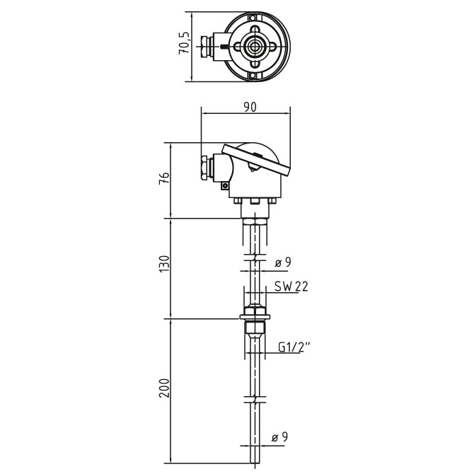 Einschraubfühler Halsrohr HTFB3-Zeichnung von TiTEC Messtechnik