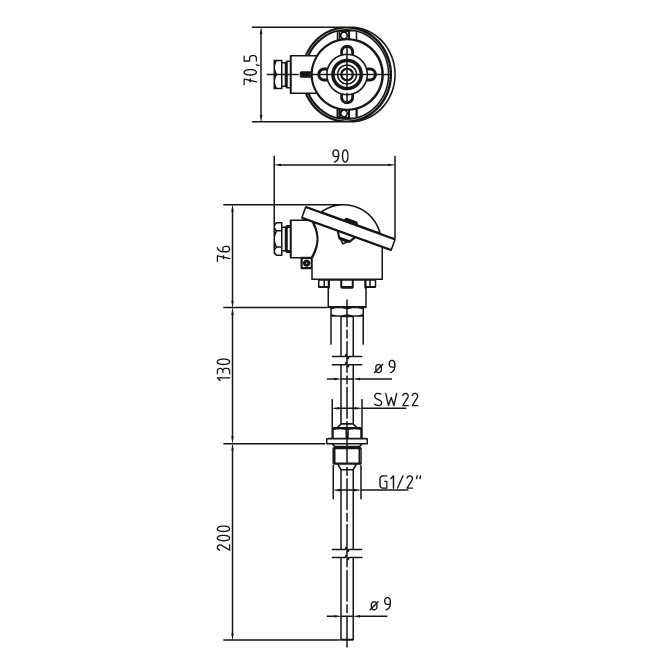 Einschraubfühler mit Halsrohr HTFB3_MU-Zeichnung von TiTEC Messtechnik