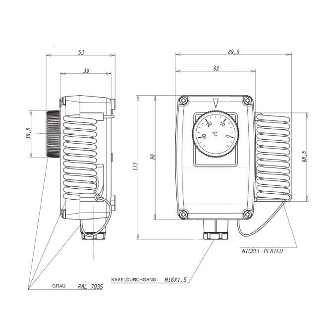 Industrieraumthermostat IRTH1 in der Zeichnung von TiTEC Messtechnik